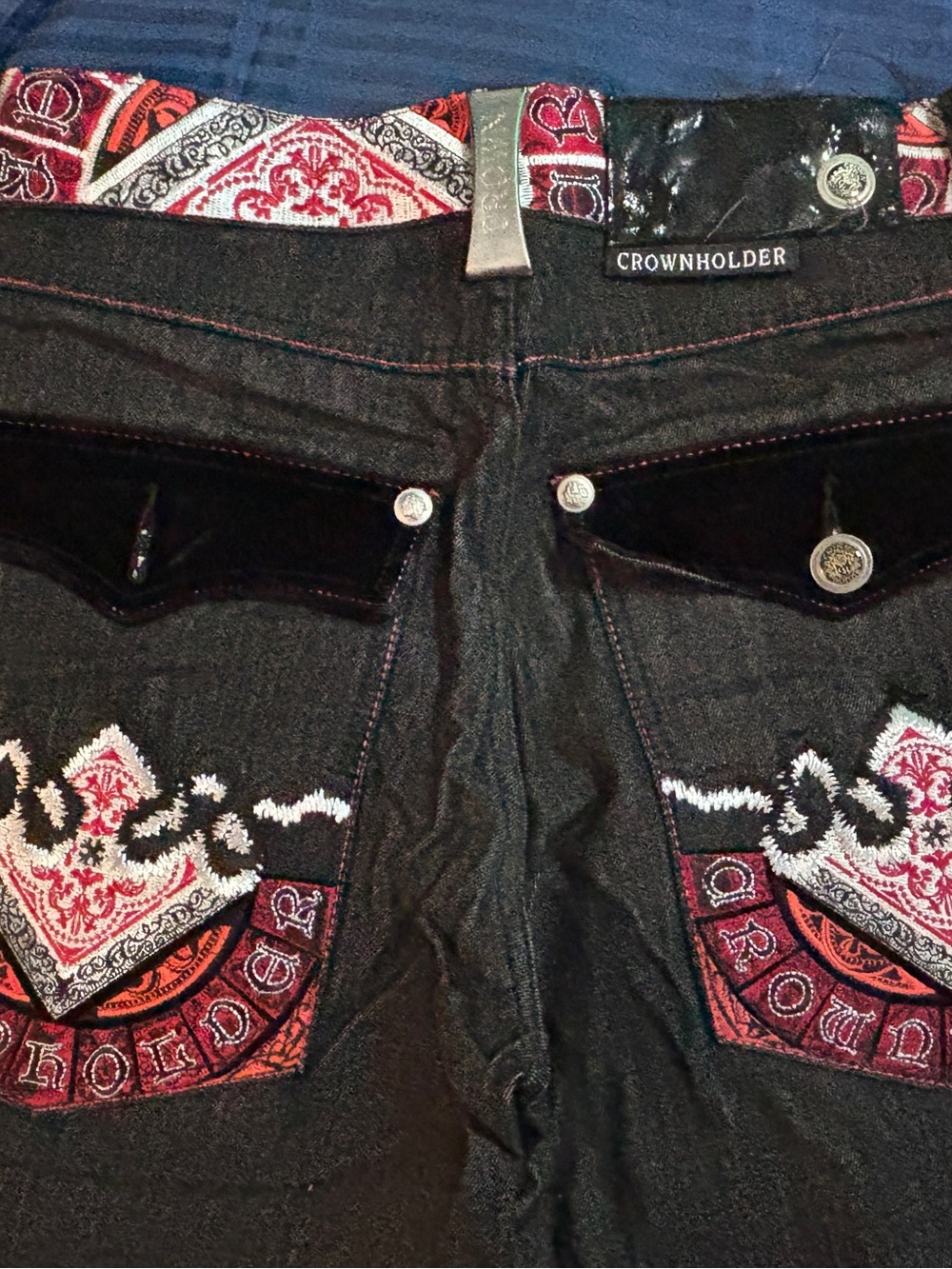 Crown Holder Men’s Black Jean Shorts with Red & White pockets & trim - Picture 2 of 8